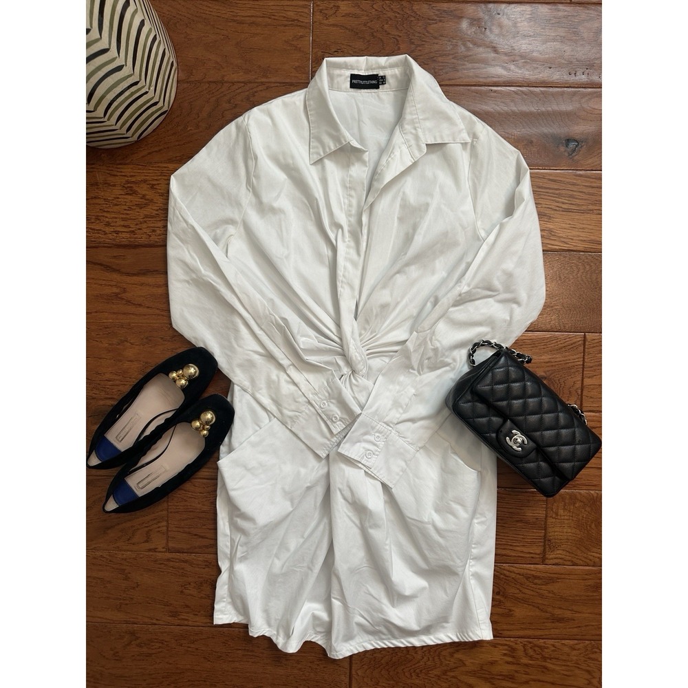 PrettyLittleThing Womens US 8 White Twist Front Shirt Dress V Neck Long Sleeve
